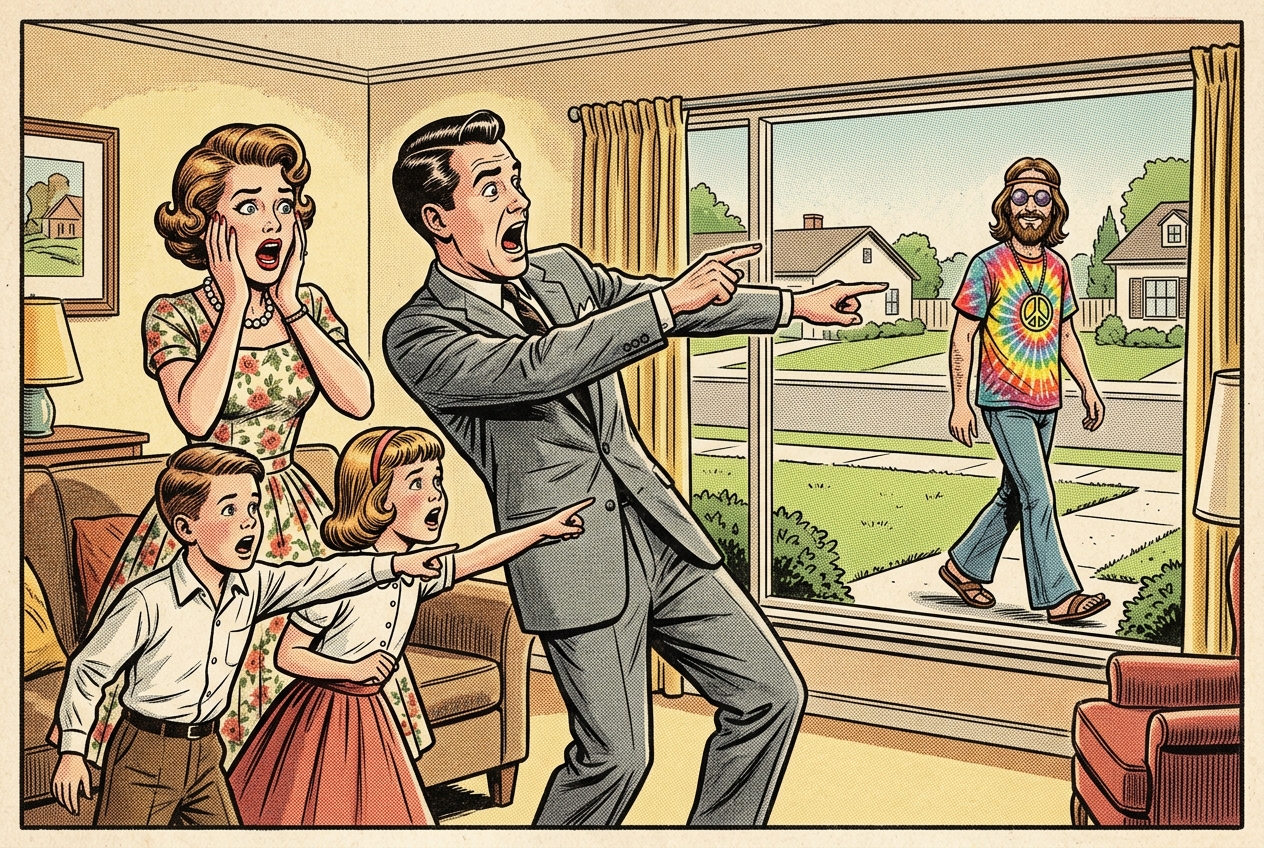 A satirical 1950s American advertisement styled illustration of a suburban family screaming in comical panic over a harmless hippie outside their window.