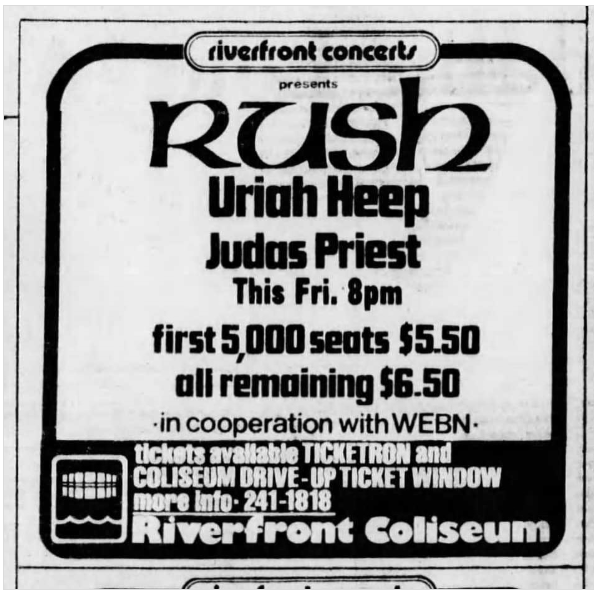 Concert advertisement for Rush with Uriah Heep and Judas Priest at Riverfront Coliseum (May 12, 1978)